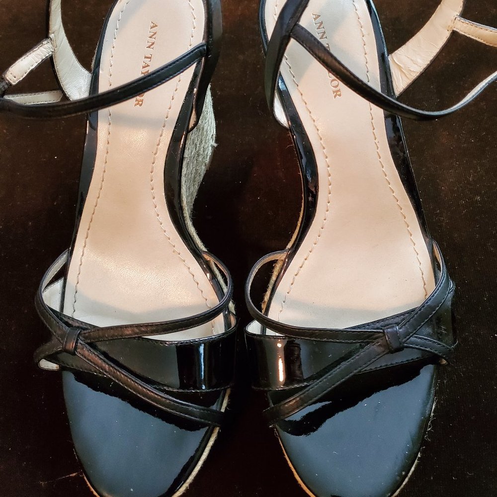 Ann Taylor Black Strappy Wedge heels with burlap t
